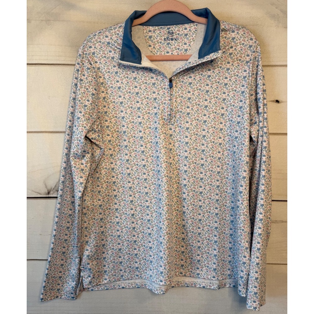RNWK Womens Floral Quarter Zip Pullover Blue Pink Golf Performance Top L